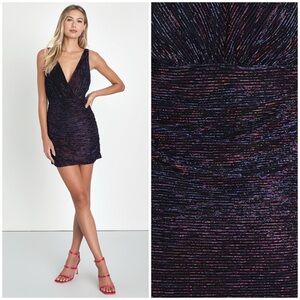 Lulus Shining Stunner Black Multi Lurex Ruched Bodycon Sparkly Mini Dress NWT